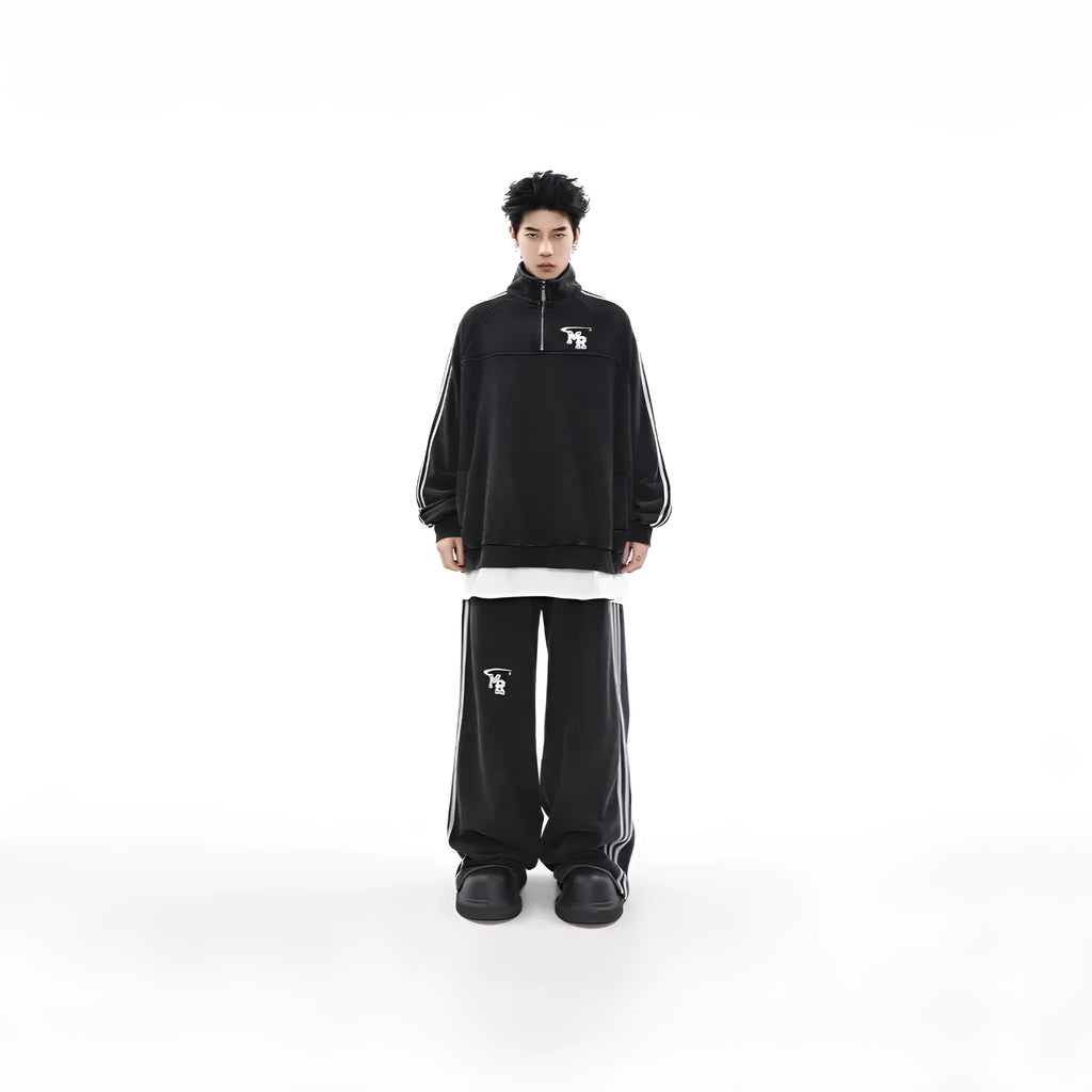 Black Hong Kong style stand collar polyester hoodie jacket for men's sports and casual wear
