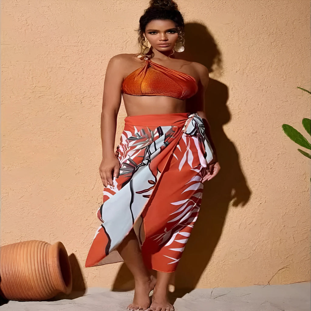 Women's high-waisted push-up bikini with chiffon split skirt in black, brown or green