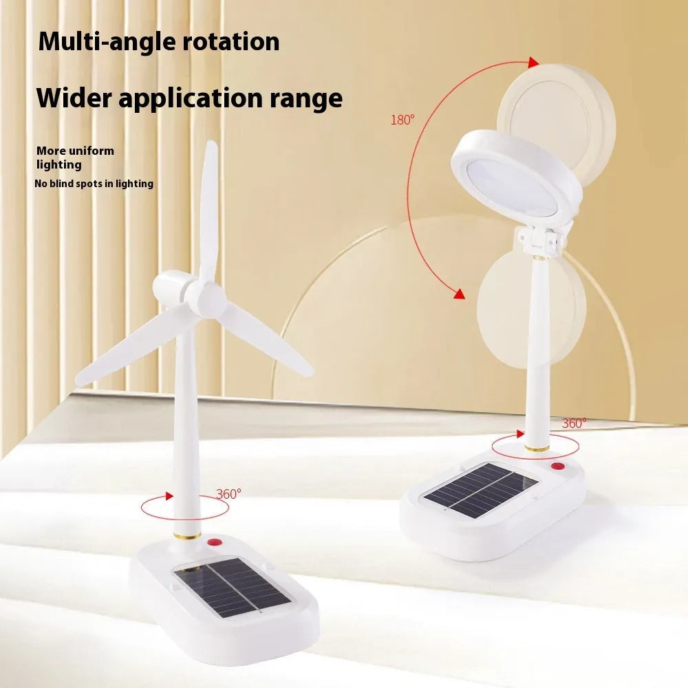 Ivory white solar-powered table fan with integrated LED desk lamp on a wooden table