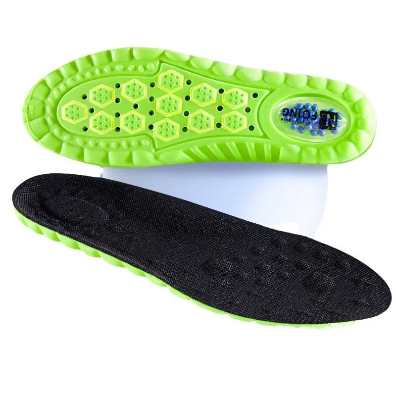 Green PU air cushion sports insoles for shock absorption, showing size scale.
