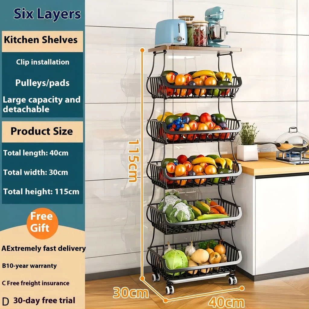 Black six layer foldable kitchen storage rack floor trolley unit