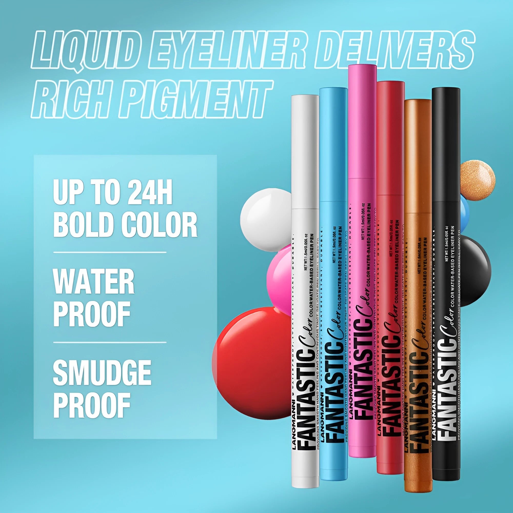 Matte anti-smudge liquid eyeliner in twelve colours including white gold purple brown blue iron grey 1.5ml