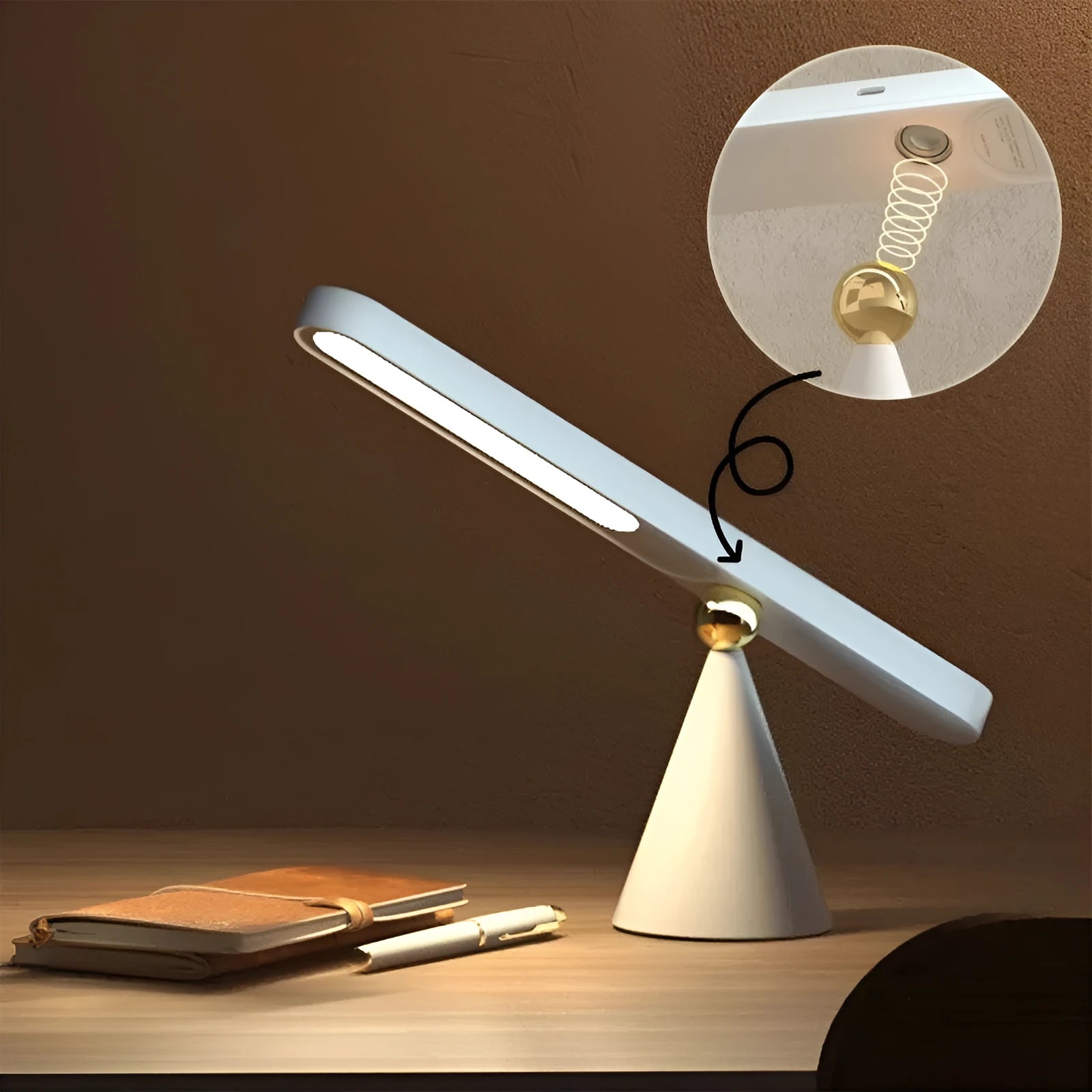 White geometric desk lamp with magnetic suction base and touch control on wooden desk