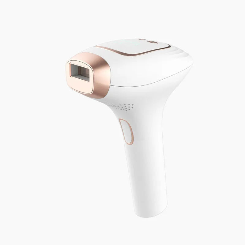 Pink and white laser hair removal device with ice-sensing technology and shaver attachment