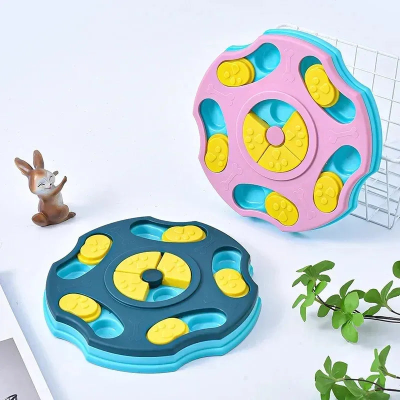 Blue and pink interactive dog puzzle food bowl for aggressive chewers with treat-dispensing games