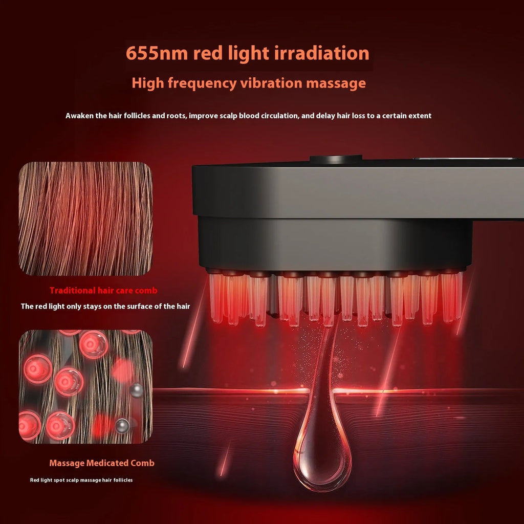 Pink and black smart massage comb for scalp care with red light therapy, less than 10cm long