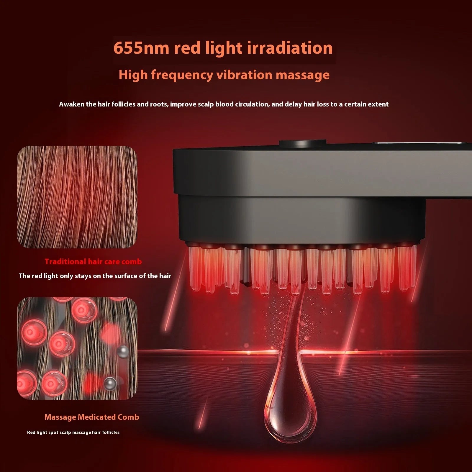 Pink and black smart massage comb for scalp care with red light therapy, less than 10cm long