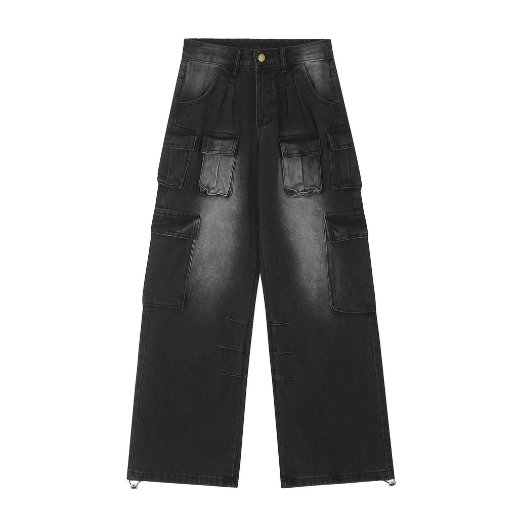 Light blue and black loose fit distressed denim pants with multiple tooling-style pockets
