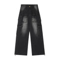Light blue and black loose fit distressed denim pants with multiple tooling-style pockets