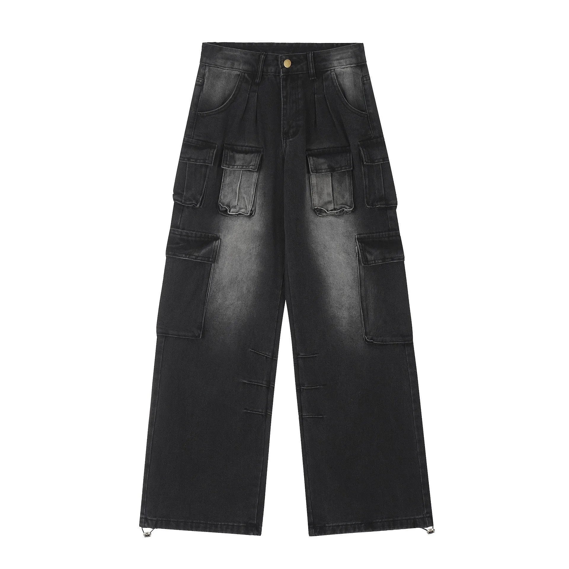 Light blue and black loose fit distressed denim pants with multiple tooling-style pockets