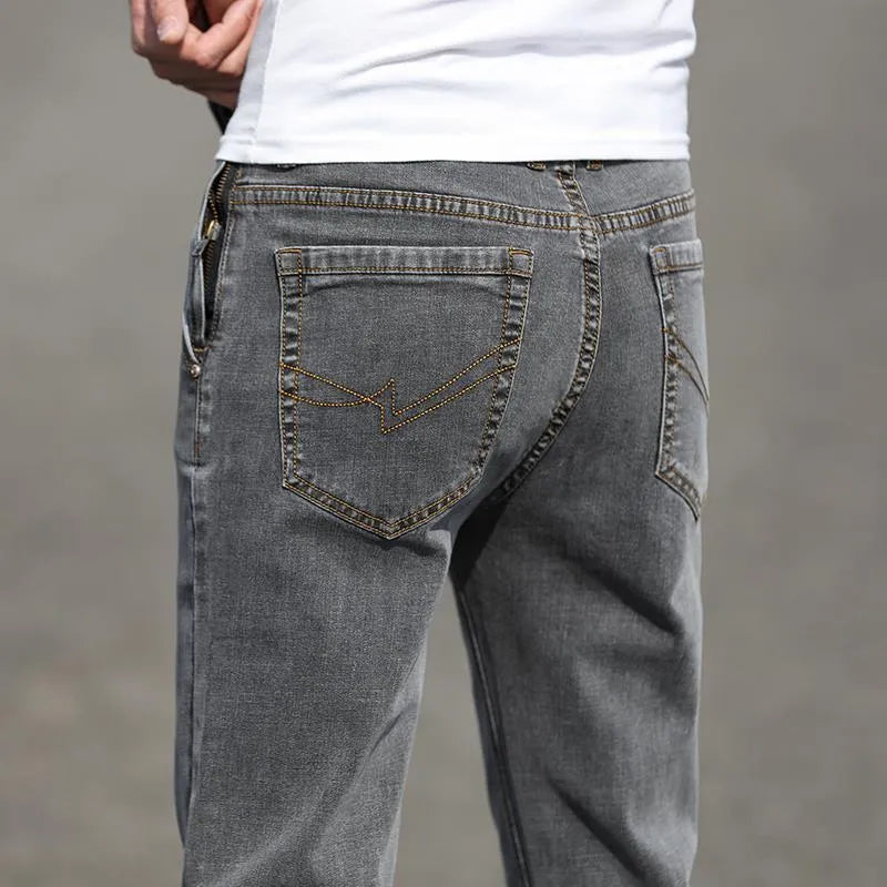 Men's smoky grey straight cut jeans with rabbit fur fabric and zip fly closure