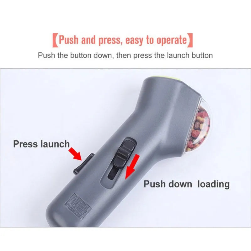 Grey plastic pet snack catapult launcher for dog training with measurements 18cm long