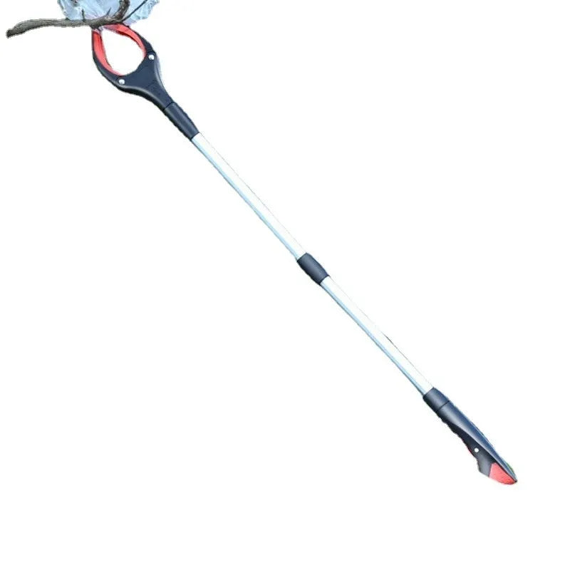 Blue plastic and aluminium alloy adjustable clip for securing a rubbish bag on a bin rim.