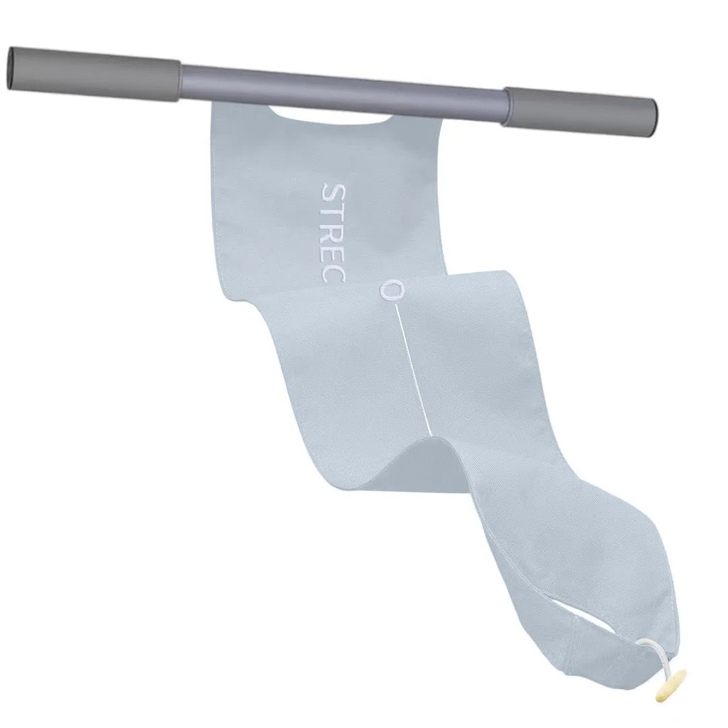 Grey or pink yoga stretching tool for shoulder and hip flexibility exercises