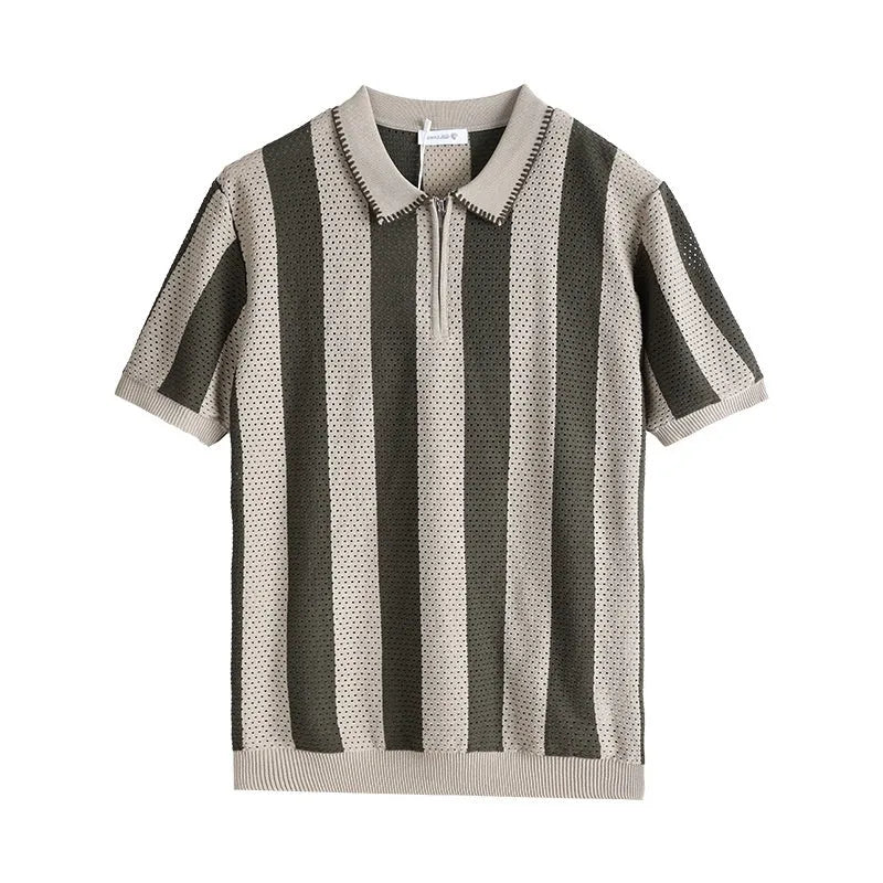 Man wearing short sleeve striped sweater with zipper decoration detail in viscose fabric