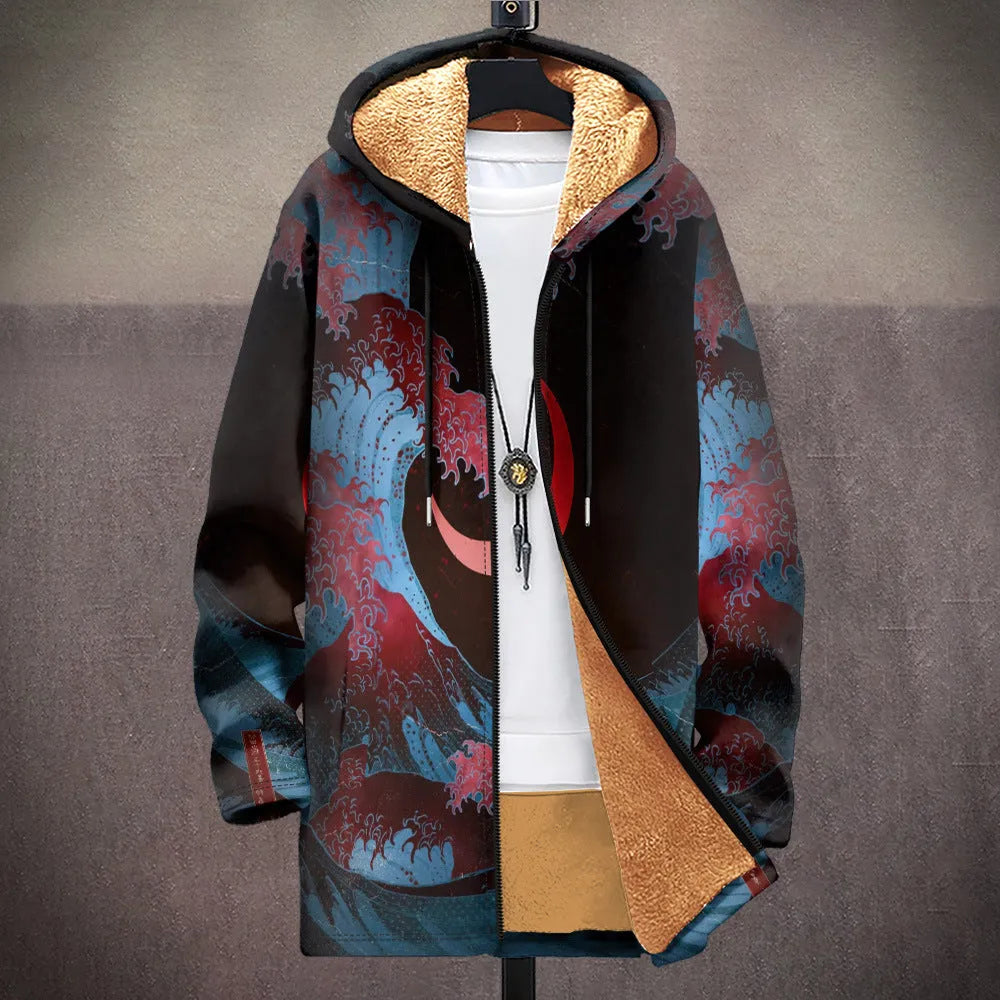 Men's multicolour patterned hooded cardigan with front zipper in loose fit design
