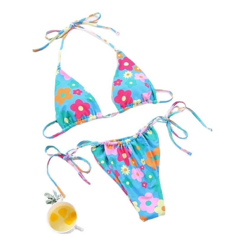 Women's polka dot print split bikini swimsuit in brown dot design with triangle bra style