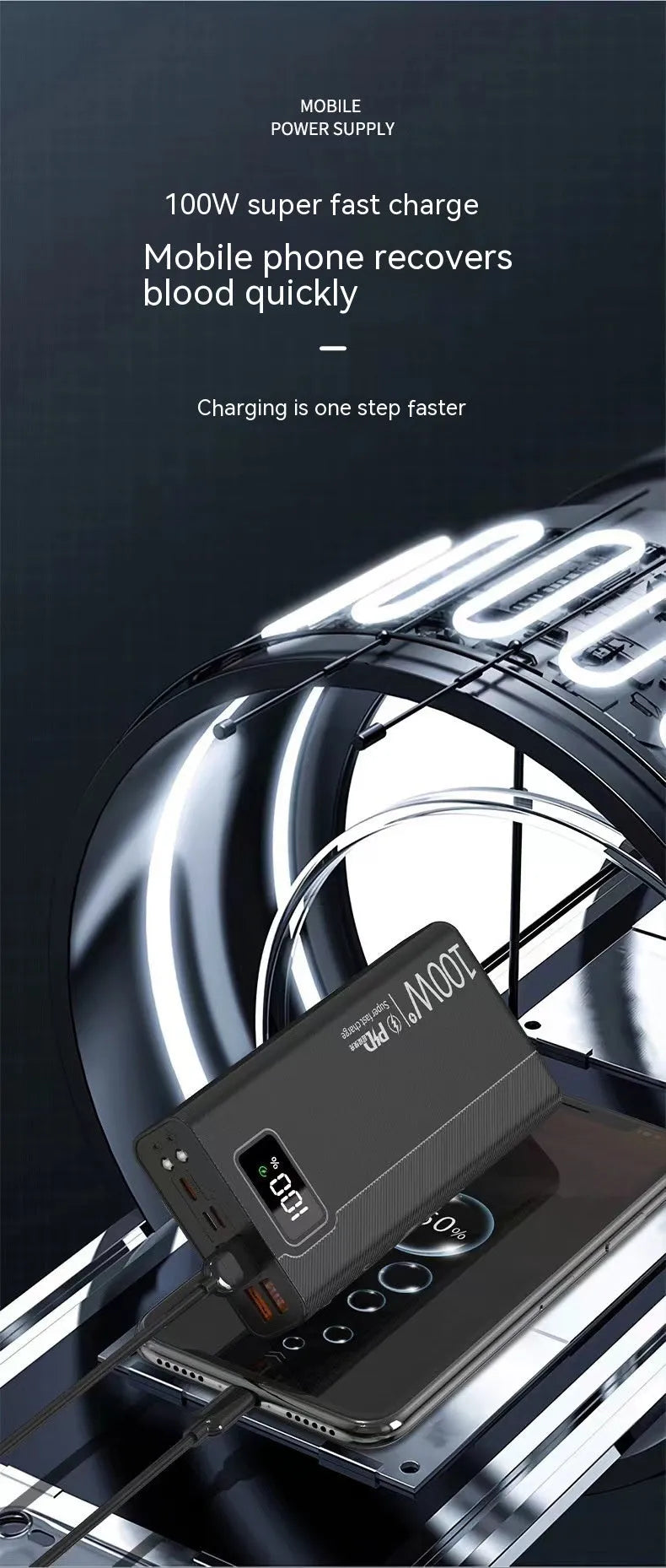 Large capacity power bank in black or white plastic casing with dimensions 150mm x 76mm