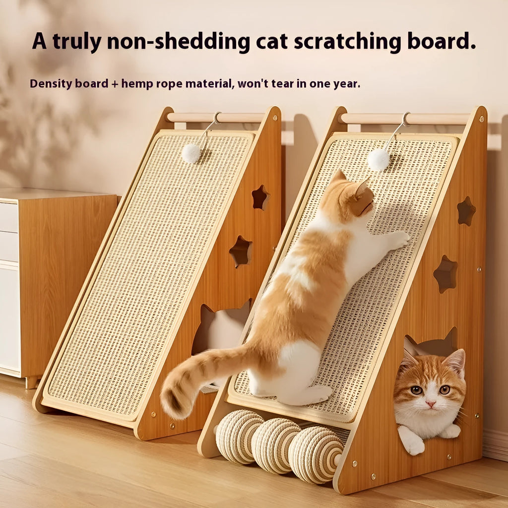 Vertical wall-mounted cat scratch board with integrated teasing ball and natural sisal rope surface