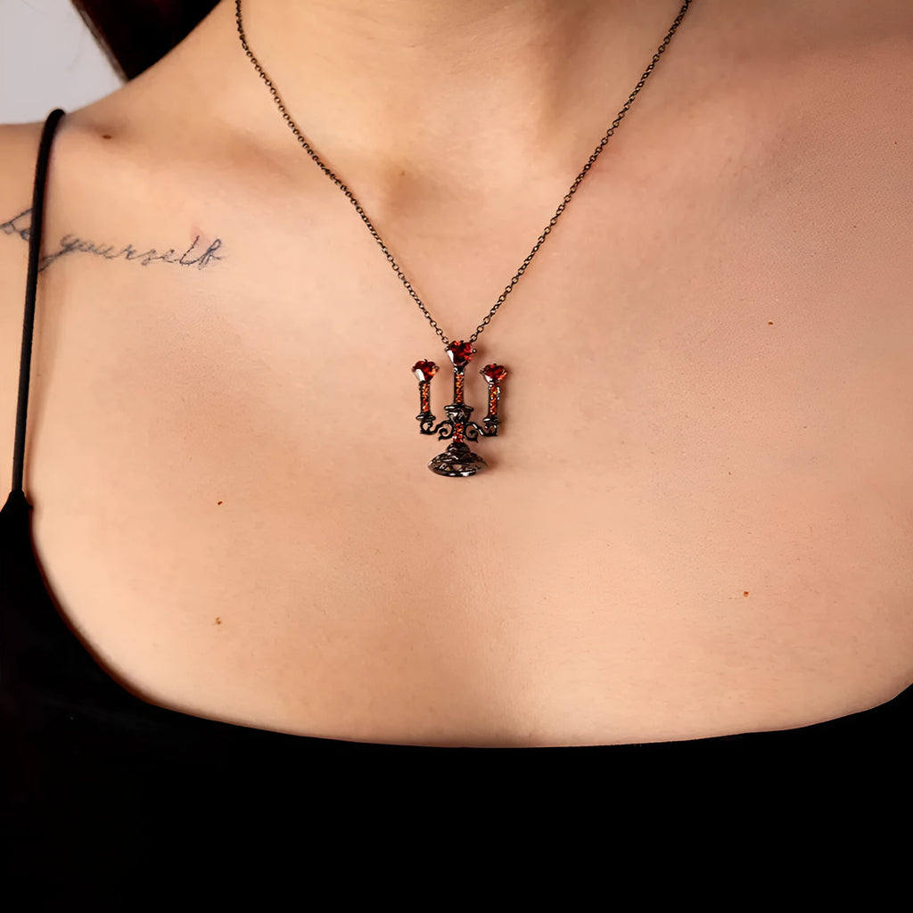 Women's Gothic necklace with detailed hollow candlestick pendant on cross chain