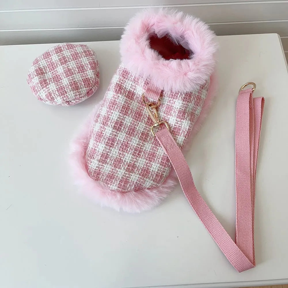 Pink cat cape and beret costume with hand-holding rope accessory in five size options