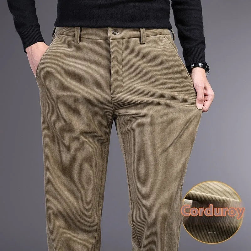 British retro striped straight-leg trousers in a chemical fibre blend, showing zip placket detail.