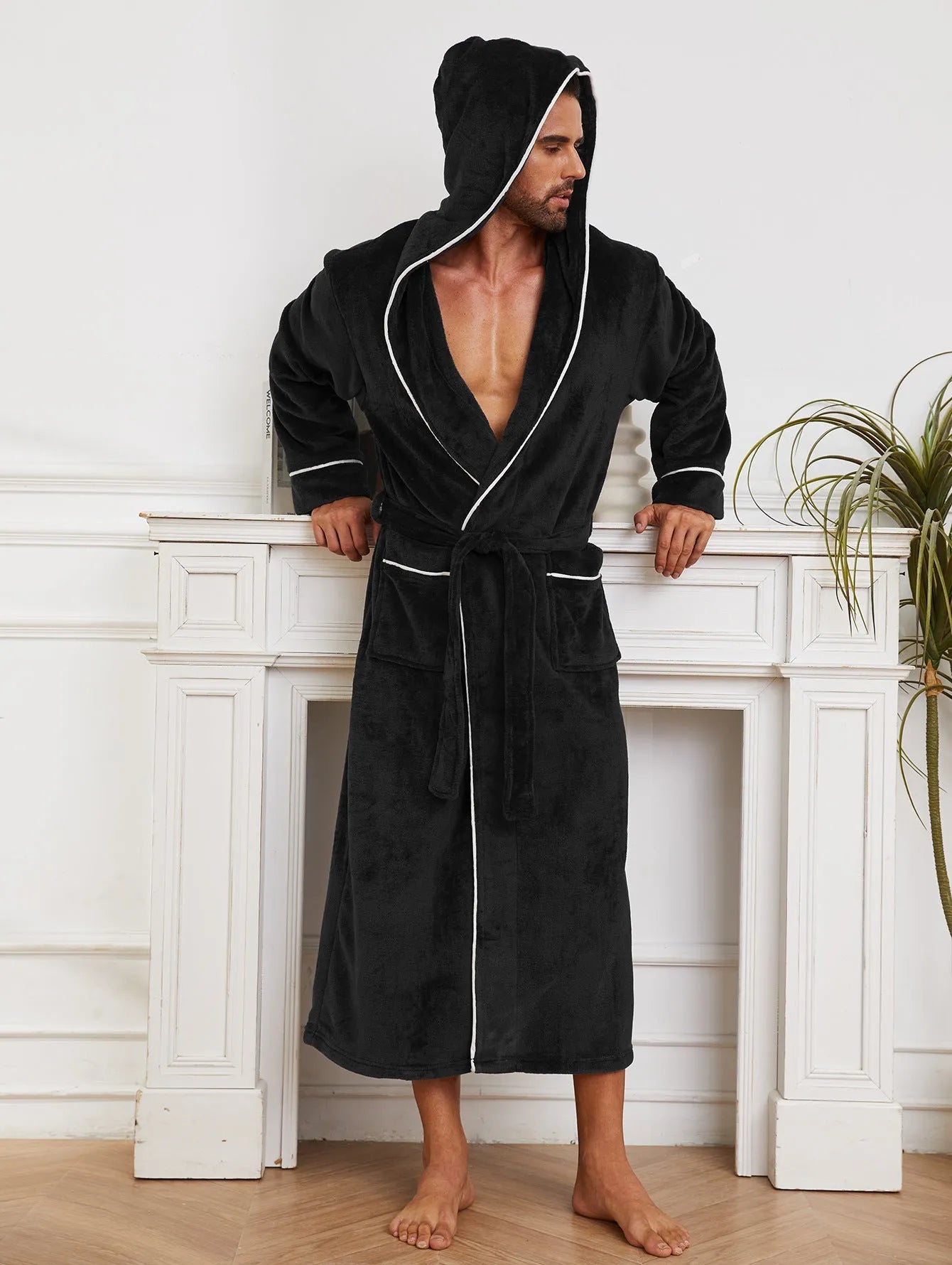Fashion unisex flannel bathrobe in light gray, made from polyester, with a belt for home lounging in winter and autumn.