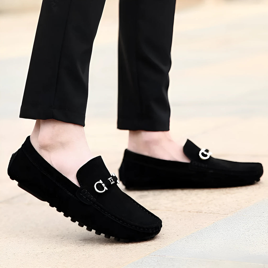 Men's black slip-on cowhide leather shoes with square toe and decorative stitching