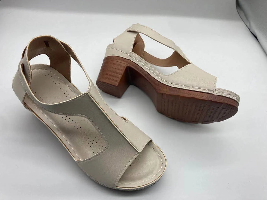 Roman style women's wedge sandals with open peep toe, buckle detail, and a low heel, shown in multiple colours.
