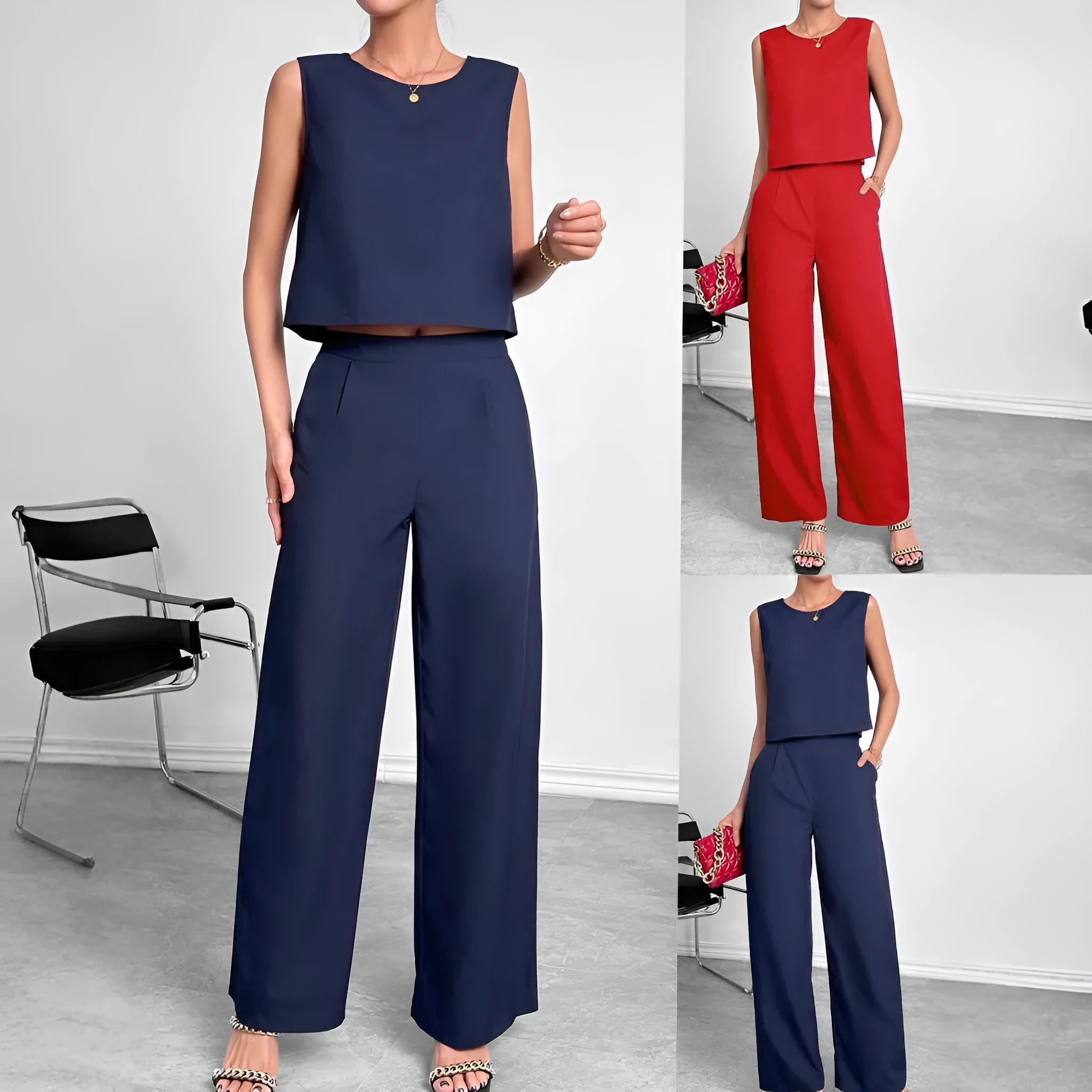 Women's sleeveless top and wide leg trousers two-piece set in polyester fabric