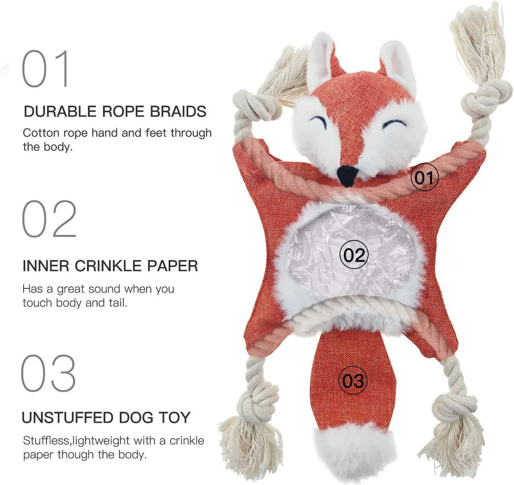 Brown fox-shaped dog toy with embroidered eyes, rope arms and legs, labelled as a squeaker and crinkle toy.