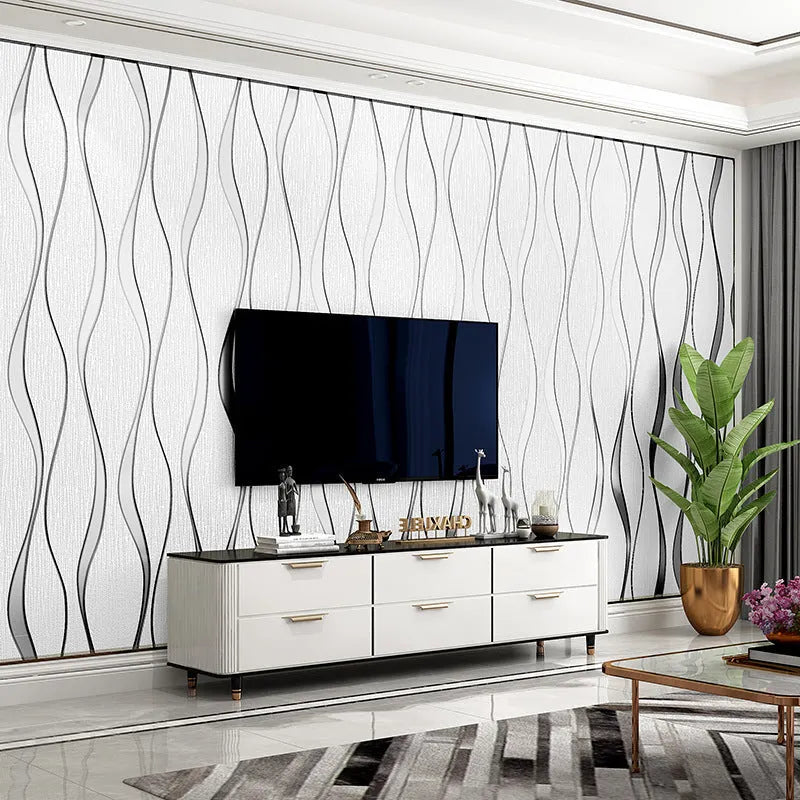 3D curve stripe pattern decorative wallpaper roll in light grey and dark brown deerskin velvet texture