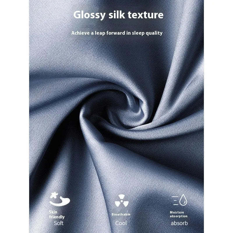 Men's ice silk three-piece home wear set showing top, shorts and trousers in multiple colour options