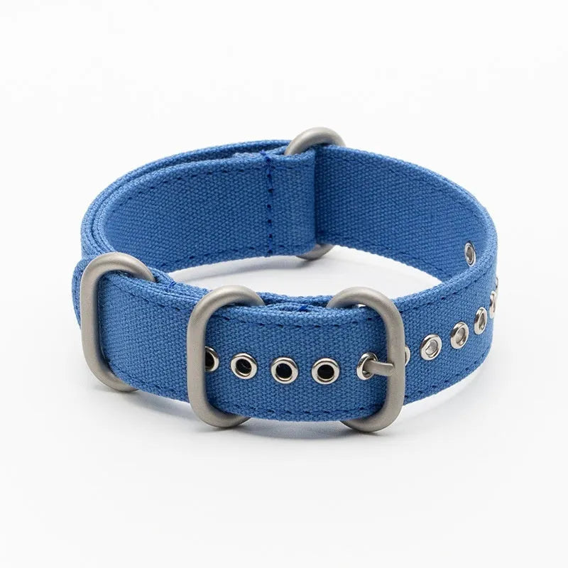 Canvas nylon thickened watch band with silver buckle in army green colour on a white background showing weave texture