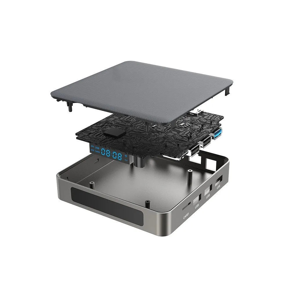 Android smart TV box with 8K output, RK3566 processor, and compact square design