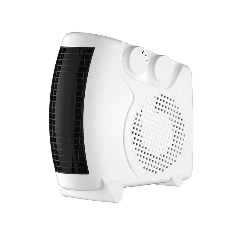 Small white desktop electric heater with power settings and compact dimensions for home office use