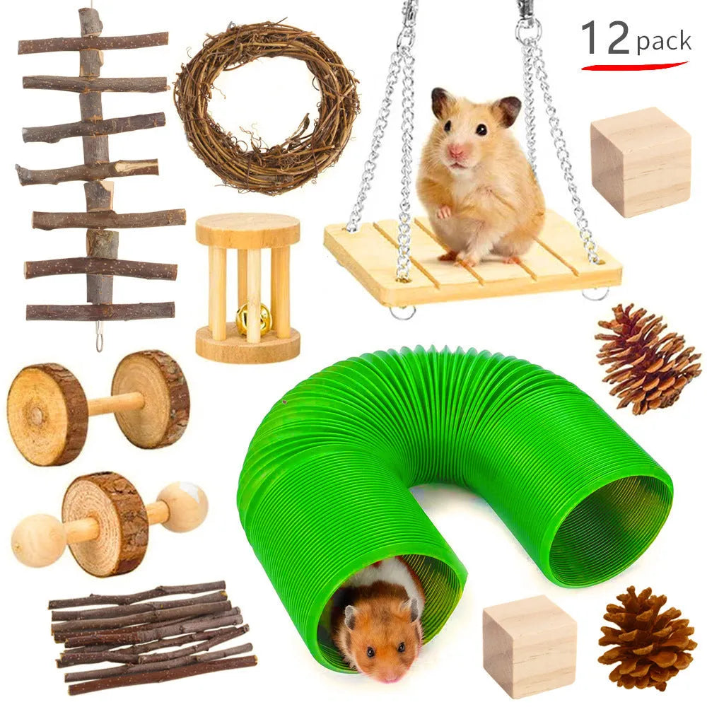 Assorted wooden chew toys and natural fibre balls for small pets like rabbits and guinea pigs