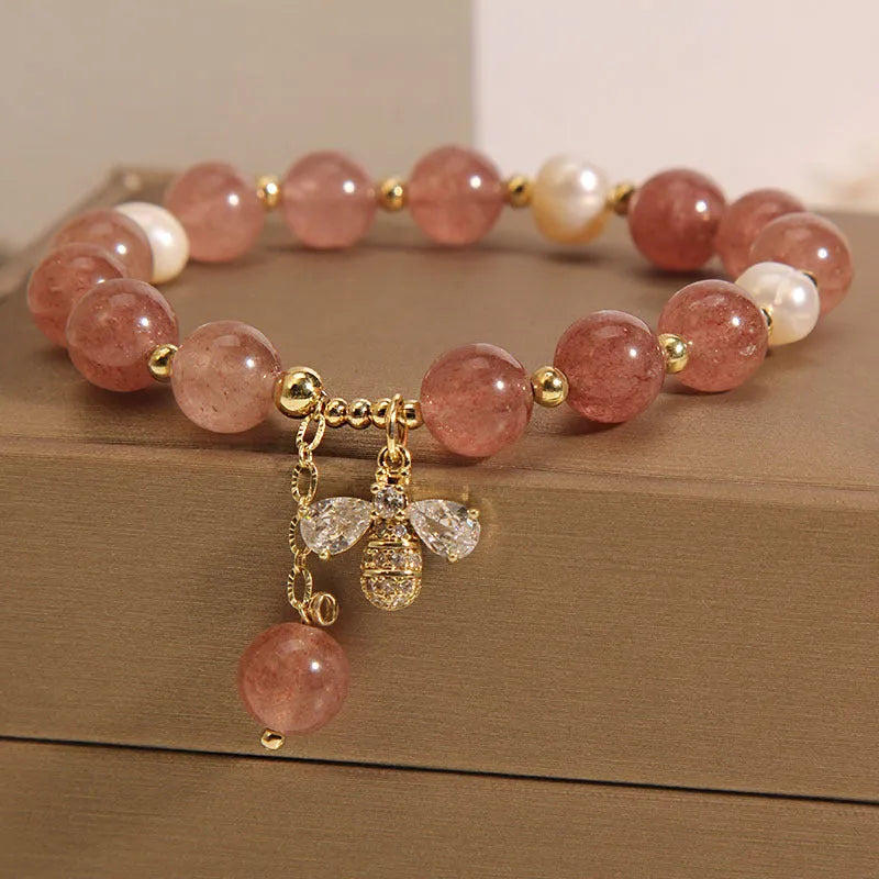 Strawberry quartz freshwater pearl bracelet with zircon alloy clasp in Japanese Korean style
