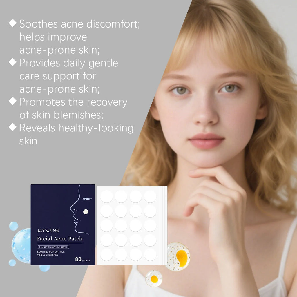 Transparent hydrocolloid acne patches in 80-count pack for facial blemish treatment