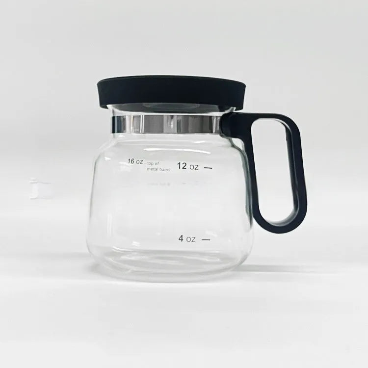 Transparent borosilicate glass French press coffee maker with stainless steel plunger and a black silicone cover.