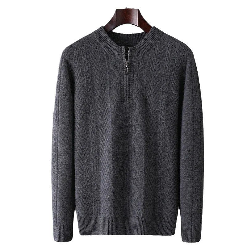 Men's grey diamond pattern wool half-zip sweater on a hanger, loose fit long sleeve.