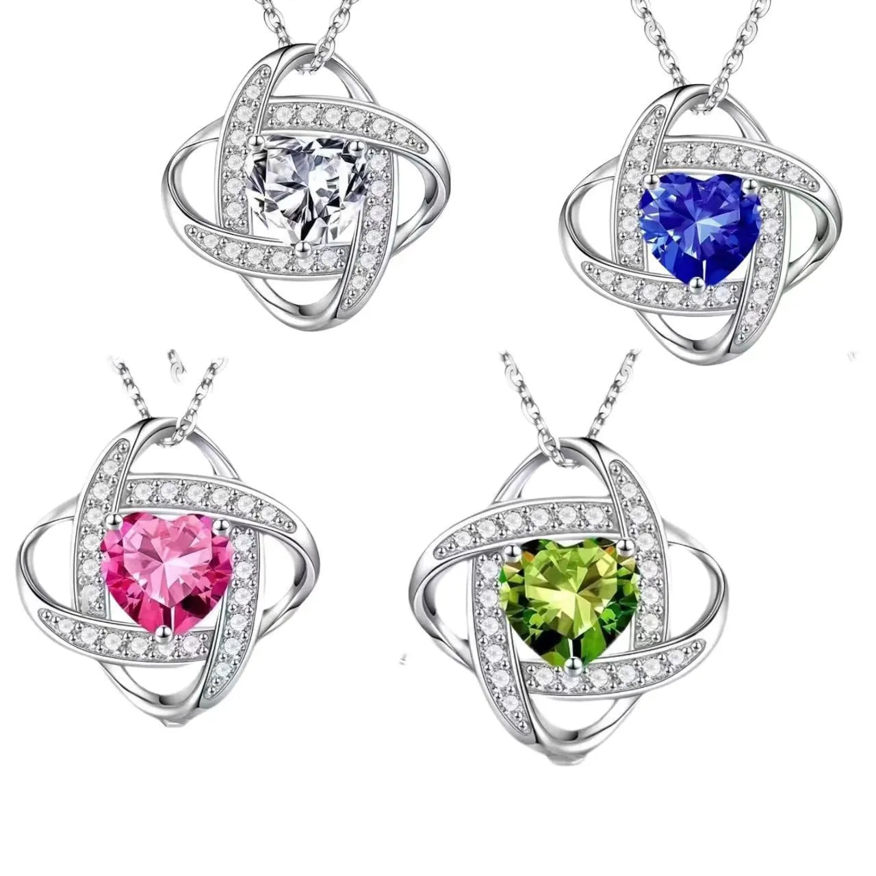 Heart-shaped electroplated necklace with platinum finishes in five colour variations on model