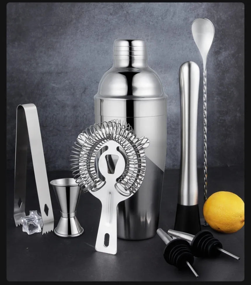 23-piece acrylic-European style stainless steel cocktail shaker and bar tool set.