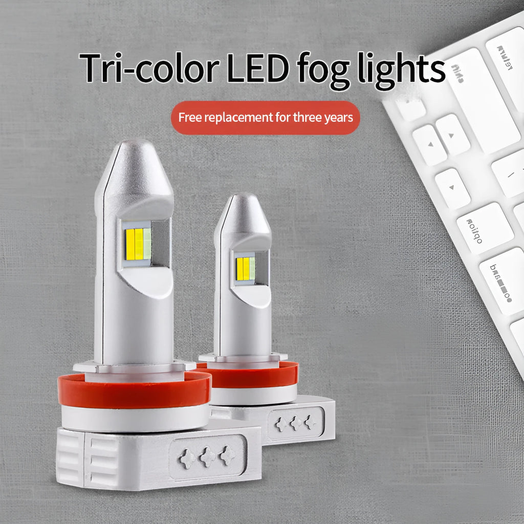 Single LED fog lamp bulb with aluminium housing and multiple connector adapters on a white background.