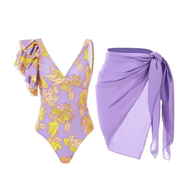Women's solid colour one-piece swimsuit with removable skirt in Asian sizes