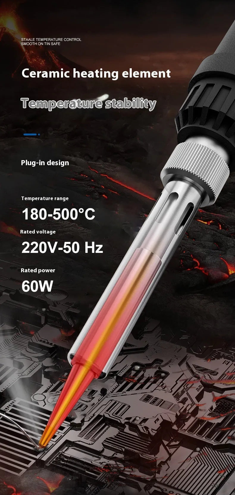 Grey 90W electric soldering iron with ceramic heating core, five tips, sponge, and tin wire for electronic repairs