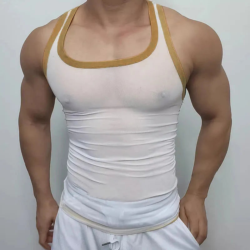 Men's black mesh sports vest with straight hem design, shown front view