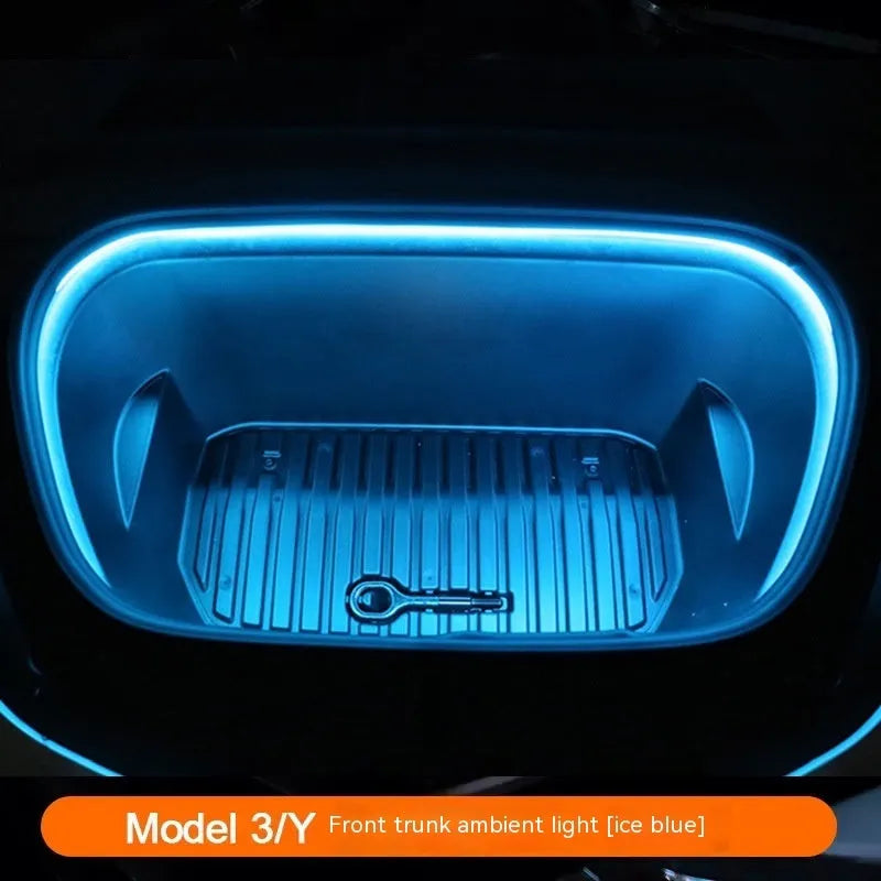 Tesla Model 3 Model Y front standby box ambient lighting kit showing soft silicone light bar