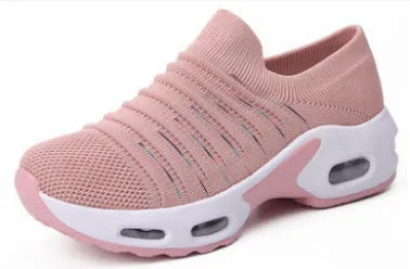 Women's stretch knitted sock shoes in light grey with fly-knit mesh upper and low heel