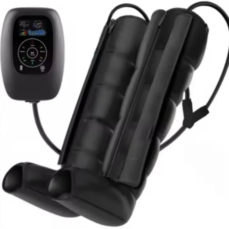 Air compression leg, arm, and waist massager set with remote control on a grey background.